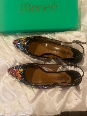 J.Renee Black Multicolor Beaded Pointed Slingback Flats